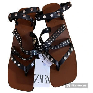 NWT Zara Black Silver Studded Ankle Wrap Sandals Sz-39